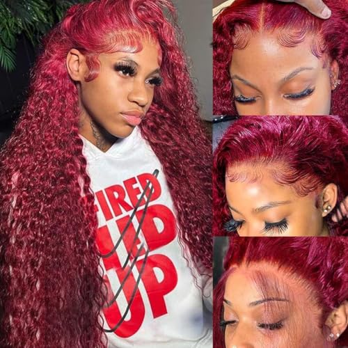 30 Inch Burgundy Wig Human Hair 99j Curly Human Hair Wig 13x6 Deep Wave Lace Front Wigs Human Hair Red Wine Transparent HD Lace Frontal Wig Pre Plucked Curly Human Hair Wig Triple Lifespan