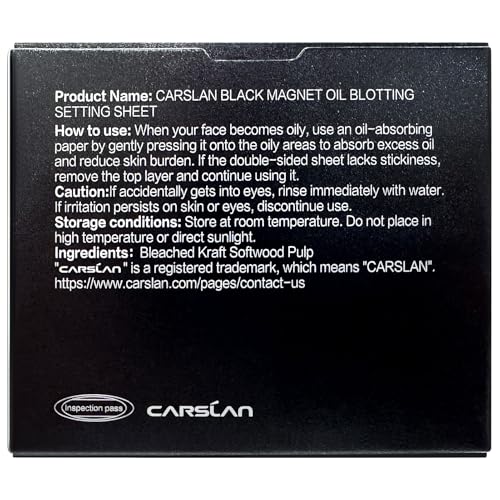 CARSLAN Black Magnet Oil Blotting & Setting Sheets with Mirror & Powder Puff, 2-in-1 Oil Absorbing Facial Papers, Natural Plant Fiber, On-the-Go Touch-Up, 150 Sheets + 8 Refill Pads