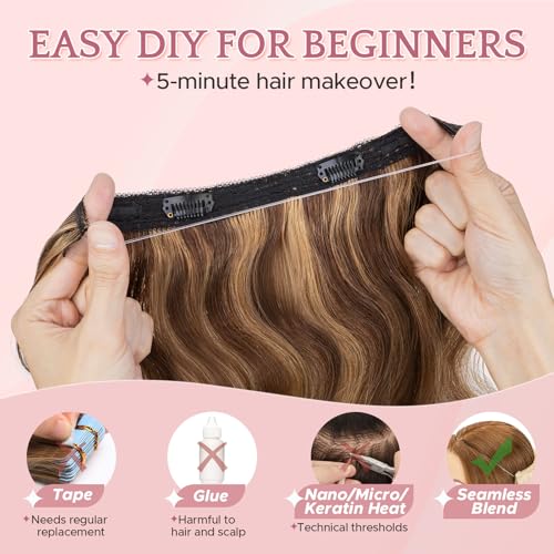 SEGO Halo Hair Extensions, Wavy Adjustable Invisible Wire Extensions, Real Human Hair, 2 Clips for Women Transparent Fish Line Extensions, Add Length Volume, 12 inches, Medium Brown Mixed Dark Blonde