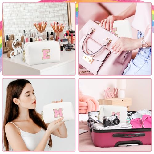 Initial Makeup Bag,Personalized preppy bag Waterproof PU Leather Chenille Letter Cosmetic Bag,Portable Travel Toiletry Bag Monogram Birthday Gift for Women Girls Mom Friends (Letter E)