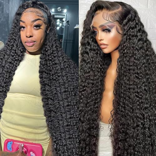 13x6 Deep Wave Lace Front Wigs Human Hair Pre Plucked 32 Inch 180 Density HD Lace Frontal Wigs Human Hair Deep Curly Wig Natural Color