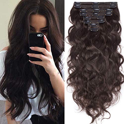 S-noilite Wavy Clip in Hair Extensions Real Human Hair Double Weft Thick 8 PCS Clip in Remy Hairpiece Natural Body Wave Full Head (18 Inch - 140g, Dark Brown)