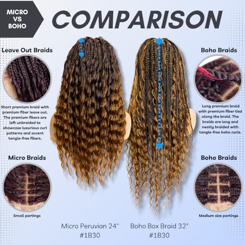 PIB Single Full Lace Braid Wig ? Micro Boho Peruvian Deep Wave Box Braided Wig, Knotless Braided Wigs for Black Women, Curly Hair Wig (#1B30 Off Black and Brown, 24")