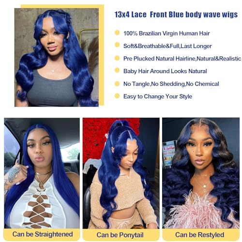 Lace Front Wig Human Hair Pre Plucked 13x4 Body Wave HD Lace Frontal Human Hair for Women 180% Density Wear and Go Glueless Wig Blue Color 30 Inch