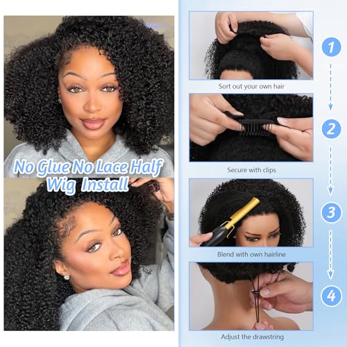 24 Inch Kinky Curly Half Wig Human Hair 200 Density 3 In 1 Seamless Flip Over Half Wig Beginner Friendly Glueless Drawstring Headband Wig for Women