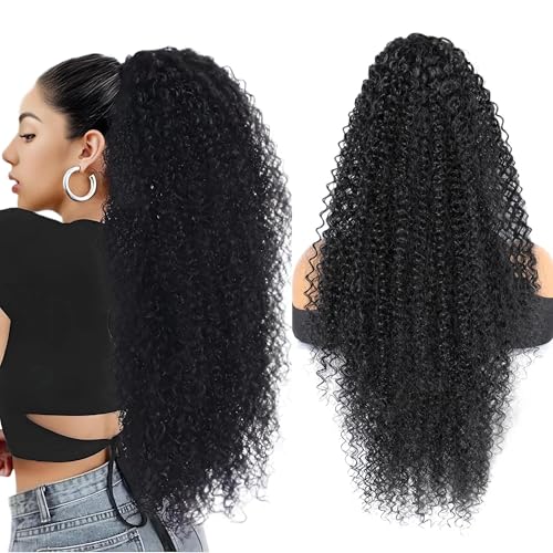 Drawstring Ponytail Extension for Women 28inch Afro Kinky Curly Ponytail Extension Synthetic Long Pony Tails Hair Extensions Hair Pieces for Daily Use£¨Black,28inch£©