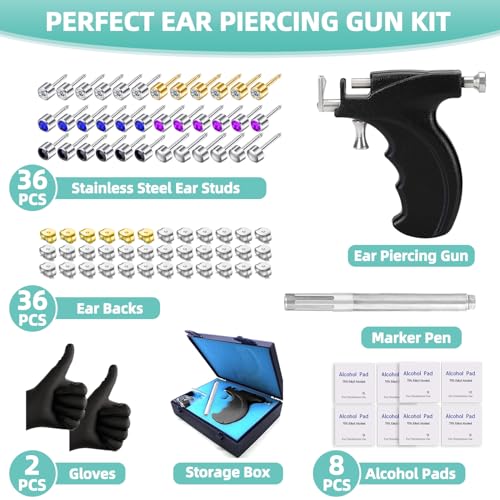 Professional Ear Piercing Gun Kit with 18 Pairs of CZ Stones Stud Earrings and Pro Black Ear Piercing Gun 8 Alcohol Pads for Salon and Home Use