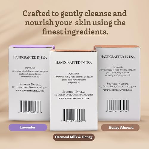 Southern Natural Goat Milk Soap Bar ? Oatmeal Milk & Honey, Lavender, Honey Almond ? Handmade for Dry and Sensitive Skin ? Face & Body Wash for Men, Women, Kids, Baby ? 3 pack (4-4.5 oz)