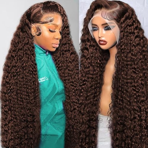 13x6 Chocolate Brown Lace Front Wig Human Hair HD Deep Wave Lace Front Wigs Human Hair Colored Deep Curly Lace Frontal Wigs Glueless Wig for Woman Pre Plucked Human Hair 22 Inch