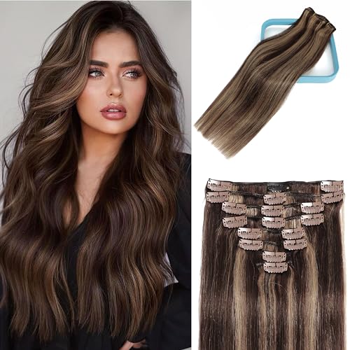 LORIEN Clip in Hair Extensions Real Human Hair, 24 Inch 120g, 2/6 Dark Brown to Chestnut Brown, Clip in 100% Brazilian Remy Human Hair Extensions 8pcs Per Set with 18 Clips Double Weft