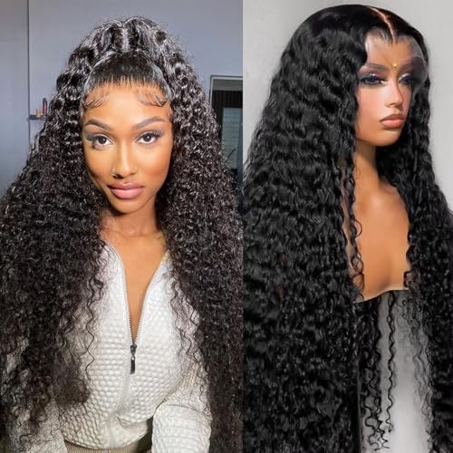 13x4 Deep Wave Lace Front Wigs Human Hair 180 Density Curly Human Hair Wig 13x4 HD Transparent Wet and Wavy Lace Frontal Wigs Pre Plucked for Women Natural Black 26 Inch