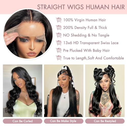 Straight Wigs Human Hair 13x6 Lace Front Wigs Human Hair Pre Plucked 200 Density HD Transparent Lace Frontal Wigs for Women Glueless Wigs Human Hair Natural Color 22 Inch