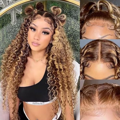 Ombre Lace Front Wig Human Hair 13x4 HD Transparent Deep Wave for Women 180% Density 4/27 Honey Blonde Colored Highlight Curly Glueless Wigs 22Inch Pre Plucked with Baby Hair