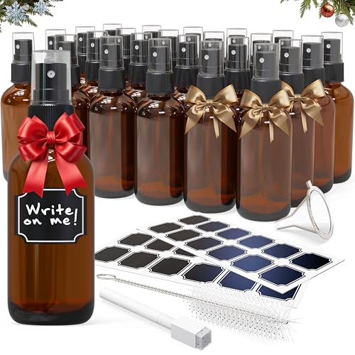 Nevlers 4 Oz Amber Spray Bottles 24 Pack | 118 mL Amber Glass Bottle Sprayer Set w/Funnel, Brush, Labels & Marker | Mist Bottle For Use as Travel Liquid Bottles for Fragrances, Essential Oils & More