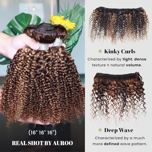 Honey Blonde Highlight Tight Kinky Curly 3 Bundles with 13x4 hd Frontal Closure Human Hair, 12A Virgin 13x4 Ear to Ear Frontal with 3 Curly Bundles Thick Tracks P4/27 Ombre Brown 12 14 16+ 12