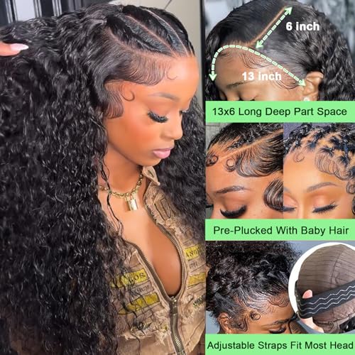 13x6 HD Transparent Deep Wave Lace Front Wigs Human Hair Wig for Women 200% Density Deep Curly Human Hair Wig 24 Inch Wet and Wave Frontal Wigs Human Hair Curly Wig with Baby Hair