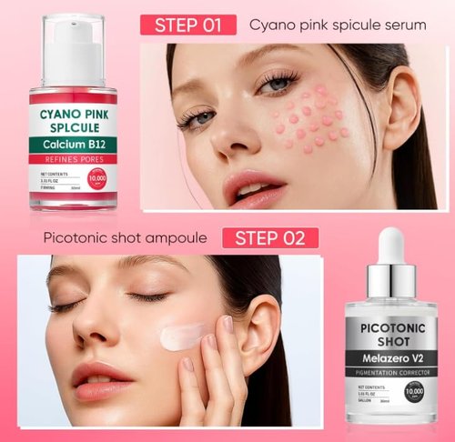 Cyano Pink Spicule Serum + Picotonic Shot Ampoule Duo - With Alpha Arbutin, Niacinamide, Calcium, Pore Tightening Refines Pores Tightening Serum, Moisturizing, Firming, Skin Tone & Skin Clarity
