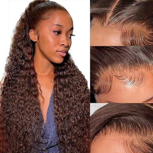 360 Chocolate Brown Lace Front Wigs Human Hair Deep Wave Full Lace Human Hair Wigs 360 Drawstring Wig Upgraded Hidden Strap 360 HD Full Lace Wigs For Black Women£¨20 Inch£©