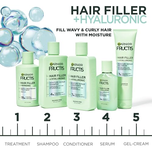 Garnier Fructis Hair Filler Moisture Repair Shampoo, Sulfate Free Shampoo for Curly, Wavy Hair with Hyaluronic Acid, 10.1 Fl Oz, 1 Count