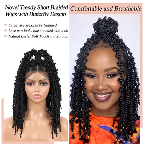 Lexqui 14" Short Knotless Braided Wigs for Women Box Braid Wig Full Double Lace Butterfly Bob Braided Lace Wigs with Baby Hair Synthetic Hair Braid Lace Front Wig Natural Black