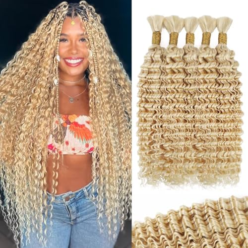160g 5 Bundles 613 Blonde Human Braiding Hair Deep Water Wave Bulk 20 Inch Curly Human Hair for Boho Braids Hair Extensions No Weft 5 Braids Per Pack