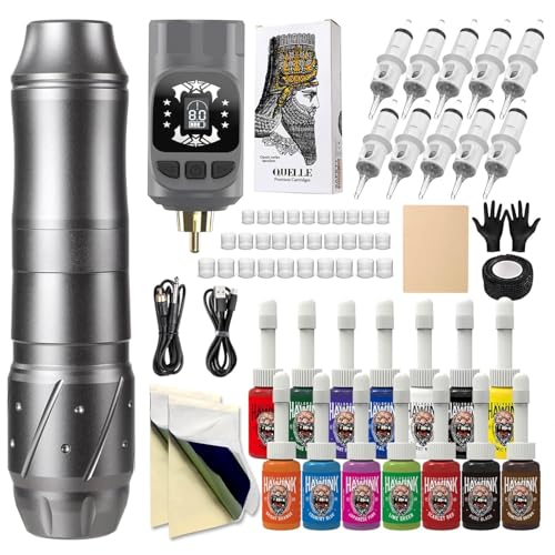Tattoo Kit Tattoo Gun Wireless Rotary Tattoo Machine with Tattoo Power Supply 1600mAh LCD digital Lithium Tattoo Battery Complete 10Pcs Cartridge 14 inks EM155TI201-7