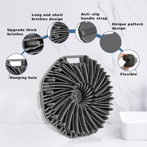 Silicone Body Scrubber, 2 PCS Exfoliating Body Scrubber, Silicone Loofah Bath Brush with Hand Strap, No-Slip Handheld Body Wash Brush Body Scrubbers Shower Cleaning for All Skin Types (Black & Grey)