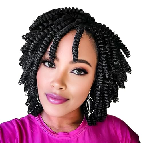 Niseyo Pre twisted Bob Spring Twist Hair 8 Inch 7 Packs Short Pre-looped Crochet Braid (1B, Natural Black)