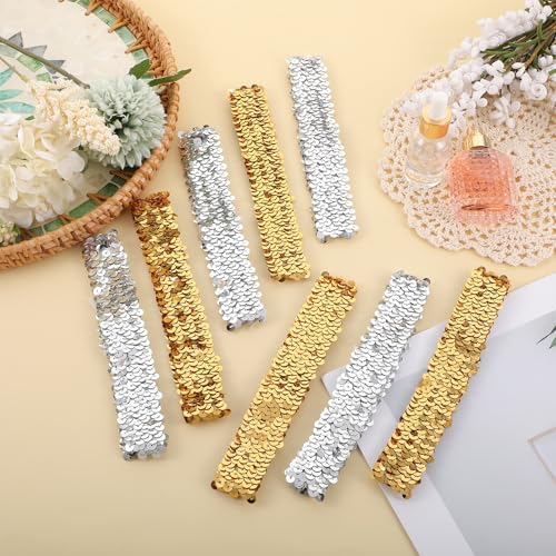Silver and Gold Sequin Headbands, 12 Pack Sparkle Disco Elastic Glitter Head Bands for Girls Hair, Sparkly Fashion Headbands for Women Girls Dance Party