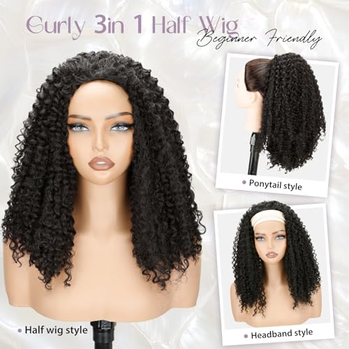 NOSTALGIA Afro Kinky Curly Half Wigs For Black Women 3 In 1 Half Wig Synthetic With Drawstring Afro Curly Glueless Flip Over Wigs Quick Install Beginner Friendly(Naturak Black 2#)