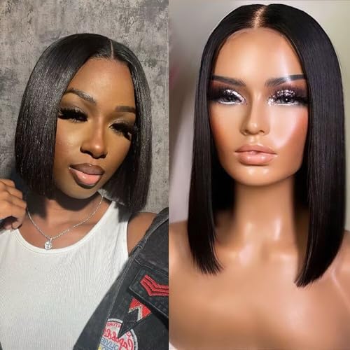 2X6 Deep Parting SKINLIKE Real HD Human Hair Short Bob Wigs Pre Plukced 0.10mm Ultra-thin Invisible Swiss HD Lace Closure Single Knot Undetectable Melted Lace Closure Wigs 180% Density 14Inch
