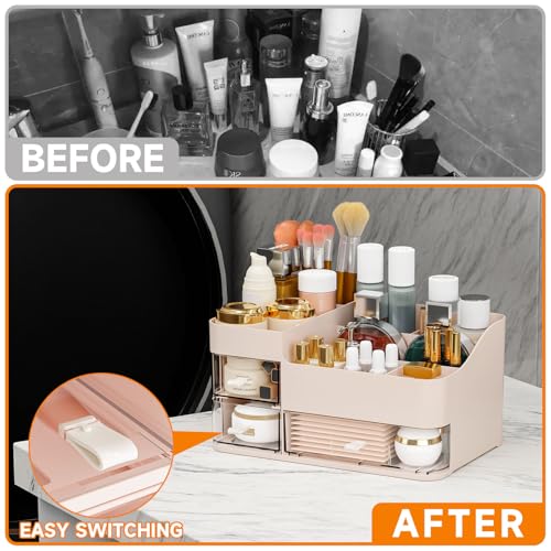 SuoXing Pink Makeup Organizer for Vanity,Large Plastic Skincare Organizers With Drawers,Bathroom Counter Organizer Cosmetic Storage for Dresser Top Skin Care,Lotion,Beauty Products and Brush Holder