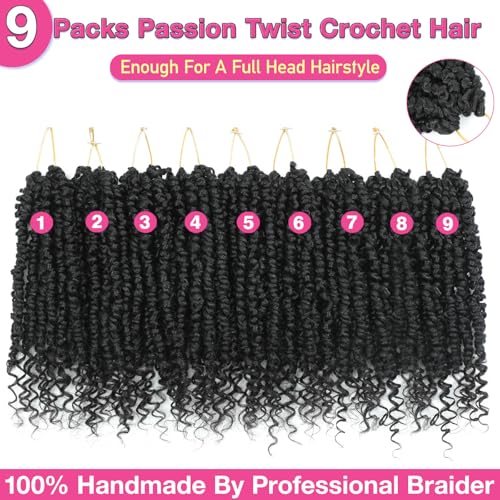 9 Packs Passion Twist Crochet Hair 14 Inch Pre Looped Crochet Passion Twist Hair Pre-twisted Passion Twist Hair Bohemian Short Passion Twist Crochet Braids Hair for Women Girls and Kids (14Inch,1B)