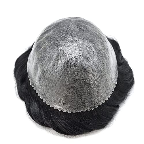 US Toupee For Men Full Poly Skin Hair Systems Real Human Hair Pieces Men Hair Replacement System Transparent Thin Skin Mens Toupee.(8''x10''-110% Light to Medium Density, 1# Jet Black)
