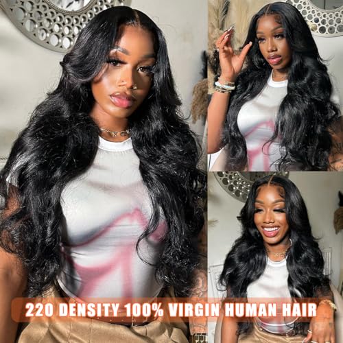 30 Inch 13x6 Body Wave Lace Front Wigs Human Hair 220 Density HD Lace Front Wigs Human Hair Pre Plucked Brazilian Virgin Wigs Human Hair for Women Glueless Lace Frontal Wig Natural Black Body Wave Wig