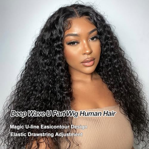 Deep Wave U Part Wigs Human Hair 26Inch Virgin Brazilian Remy Deep Curly U Shape Wig Human Hair Wigs for Black Women 180% Density Glueless Full Head Middle Part Clip in Half Wig Natural Color