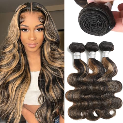 1b/27 Honey Blonde Highlight Human Hair Bundles Body Wave 12 14 16 Inch, Black and Blonde Balayage Loose Wave Sew In Weave Tracks, 12A 100% Unprocessed Brazilian Raw Virgin Hair, P1b/27