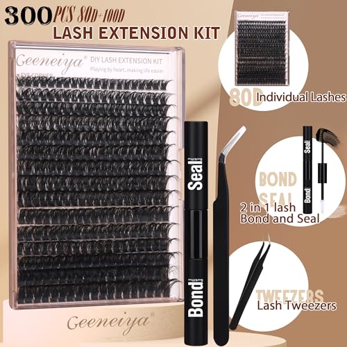 Geeneiya Volume Lash Clusters Kit DIY Lash Extension Kit D Eyelash Extensions with Lash Bond and Seal Tweezers,10-14mm Eye Corner Eyelashes and 16-18MM Cluster Lashes 300Pcs