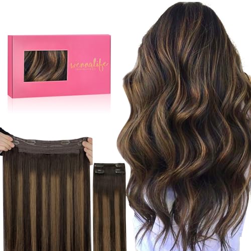 WENNALIFE Wire Hair Extensions (Increase 50% Lifespan) Real Human Hair 18 inch 125g Balayage Dark Brown to Chestnut Brown Remy Real Hair Extensions Invisible Wire Human Hair Fish Line