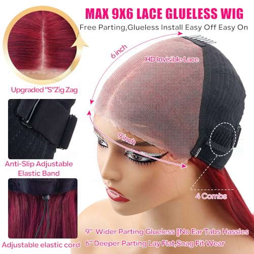 250% Density Flexi-Fit Invisi Drawstring Wig 9x6 Glueless Wigs Human Hair Pre Plucked Pre Cut Straight Hair Wigs 99j Burgundy Lace Front Wigs Human Hair for Women 28 Inch