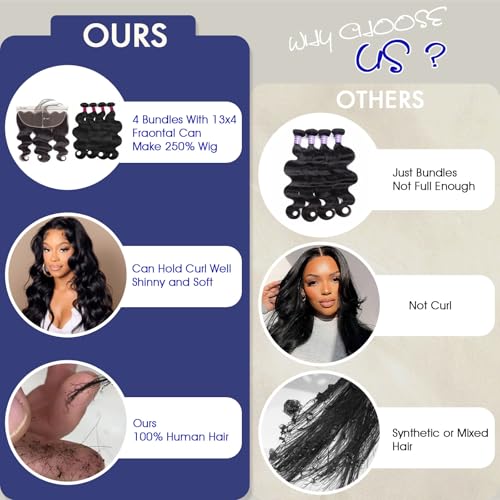 12A Body Wave Human Hair Bundles with Frontal Closure, 4 Bundles (18 18 18 18 18) +16"HD Lace Frontal (13x4 Free Part),Virgin Remy Hair Natural Color