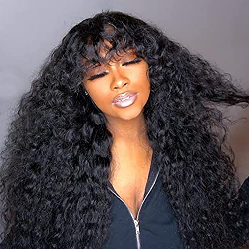 Jerry Curly Human Hair Wigs With Bangs 200% Density Virgin Human Hair Glueless Scalp Base Top Full Machine Made Wig For Black Women Brazilian Curly Wigs Natural Color 16 Inch
