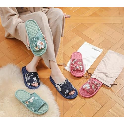 3 Pairs Floral Cotton House Slippers for Women, Open Toe Indoor Slippers Comfortable Washable Portable Foldable Guest Travel Hotel Airplane Spa Slippers