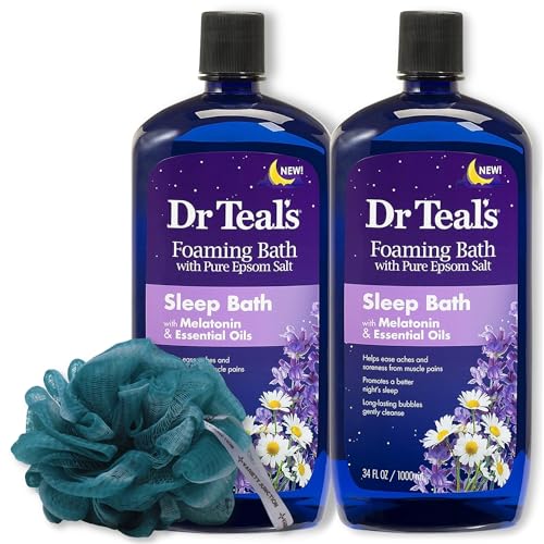 Dr. Teal's Melatonin Foaming Bath 34oz (Pack of 2) with Variety Junction Premium Bath & Shower Sponge - Sleep Inducing Bubble Bath, Clear