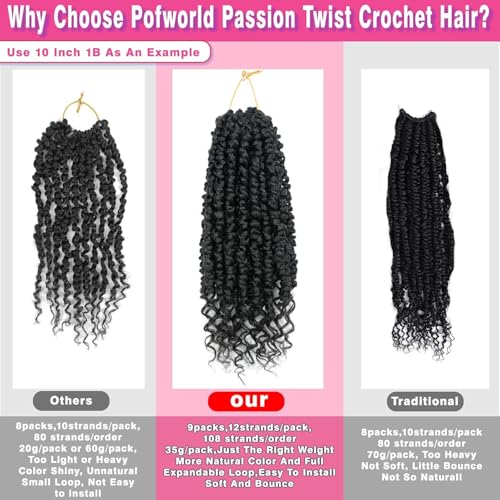 9 Packs Passion Twist Crochet Hair 14 Inch Pre Looped Crochet Passion Twist Hair Pre-twisted Passion Twist Hair Bohemian Short Passion Twist Crochet Braids Hair for Women Girls and Kids (14Inch,1B)