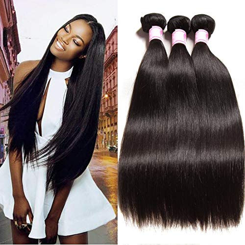 Beauty Forever Hair Brazilian Virgin Straight Hair 3 Bundles 100% Unprocessed Human Hair Weave Extensions Natural Color Can Be Dyed and Bleached (16 18 20)