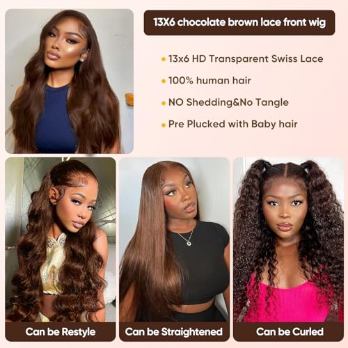 Chocolate Brown Lace Front Wigs human hair Pre Plucked with Baby Hair, 13x6 HD Body Wave Brown Lace Frontal Wigs Human Hair, 180 Density Colored Glueless Brown Wig Human Hair for Women 32inch
