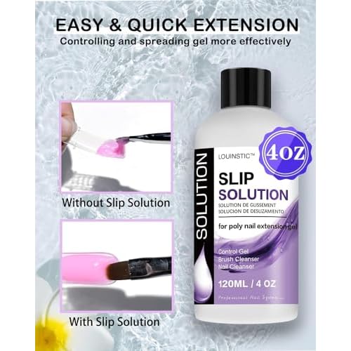 LOUINSTIC Poly Nail Gel Slip Solution - 120ml, 3 in 1 Nail Extension Anti-Stick Liquid, Art Brush Cleanser, for Poly Extension Gel Kit, with Dual-Ended Art Brush
