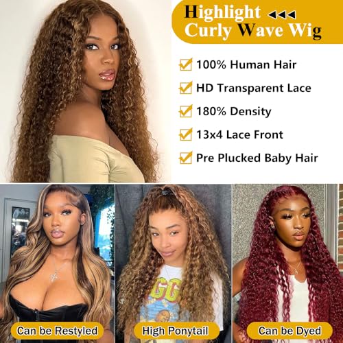 30 Inch Ombre Highlight Lace Front Wig Human Hair 13x4 Deep Wave Lace Front Wigs Human Hair P4/27 Honey Blonde Glueless Lace Front Wigs Pre Plucked HD Transparent Lace Frontal Wig 180% Density