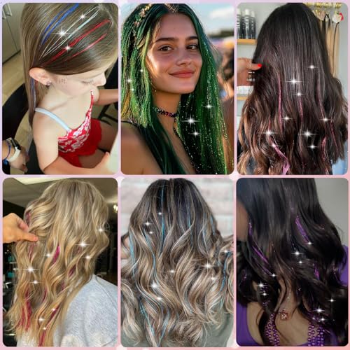Hair Tinsel, 18 Colors 7800 Strands 48 Inch Glitter Tinsel Hair Extensions Kit Heat Resistant Daily Use Festivals Shiny Fairy Hair Accessories for Girls Kids Women (18 Colors)
